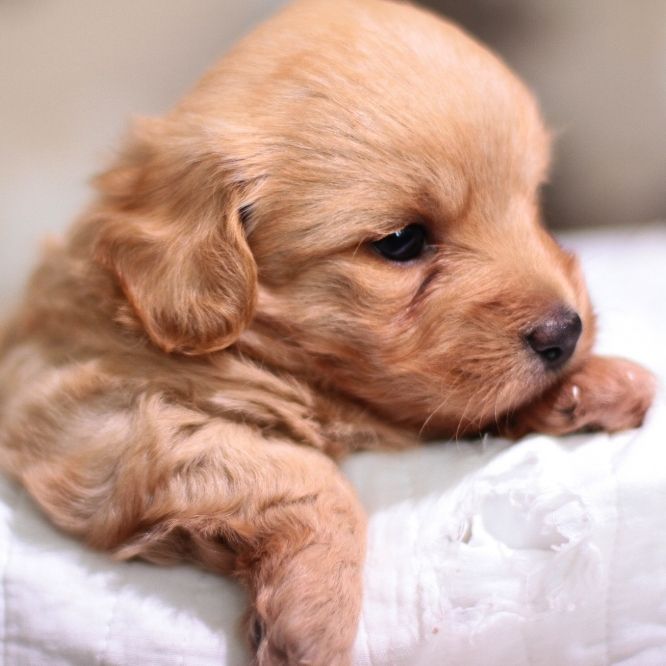 Small brown puppy resting on a white blanket